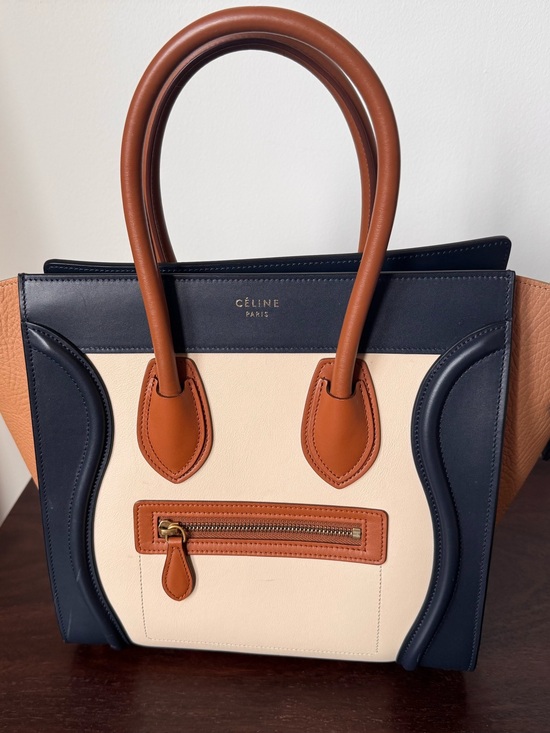 Celine Handbags - NWOT Celine Leather Micro Luggage Tote in Navy, Cream & Cognac/Deep Camel